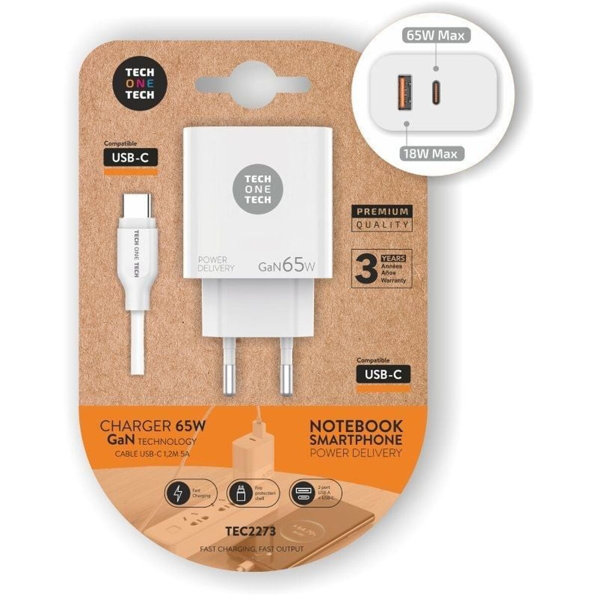Wall Charger + USB-C Cable Tech One Tech TEC2273 White 65 W